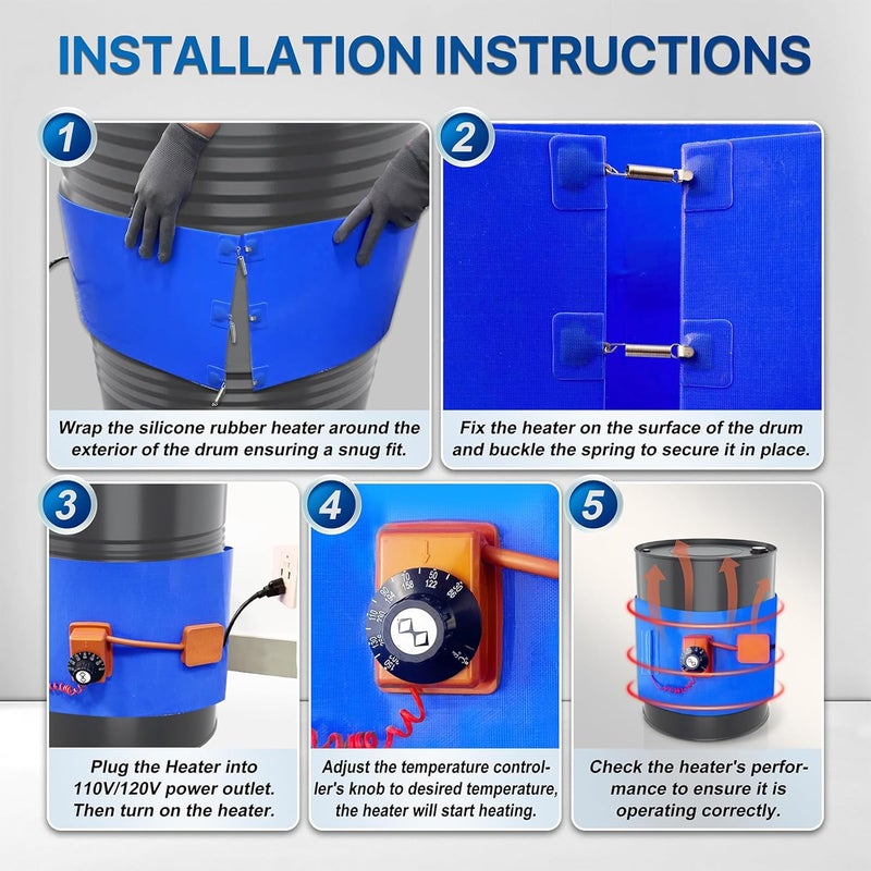 YeloDeer Upgraded Blue 55 Gallon Drum Heater with Twist Temperature Control, 120V 1200 Watt Barrel Heater Band for Grease Keg Heater Operates in 86 ℉-302 ℉, Metal Drum Pail Heaters for Honey Drum - Image 5